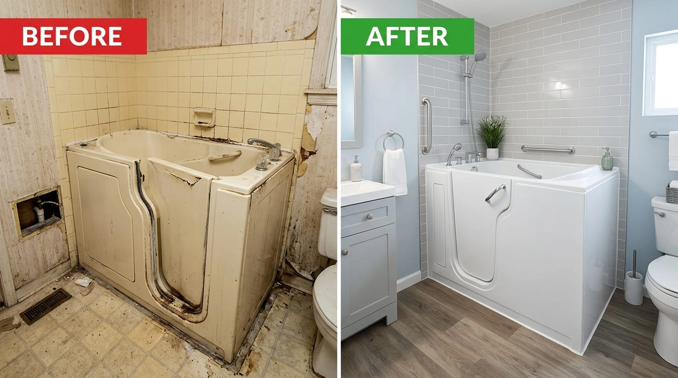 Walk-in Tub Replacement Before and After Cove Arva Plumbers Arvada CO