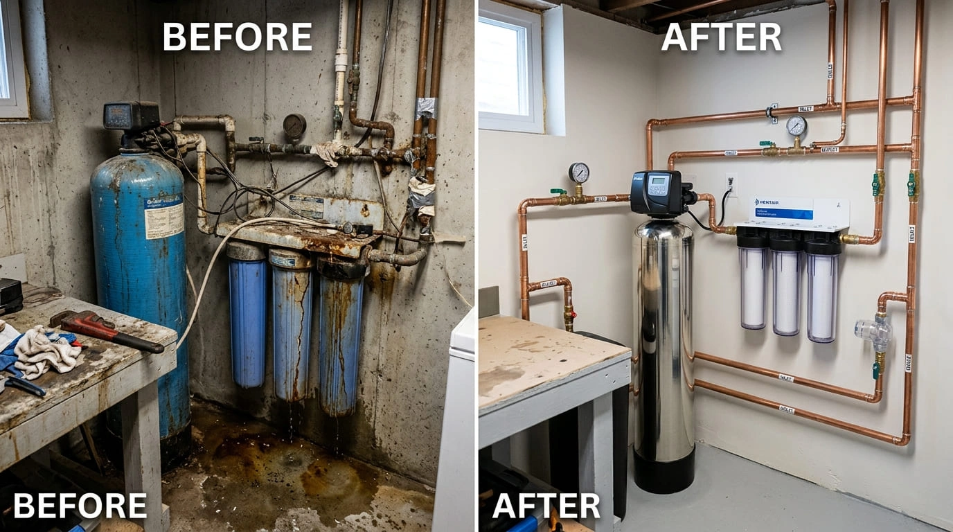 Water Filtration System Replacement Before and After Cove Arva Plumbing Arvada CO